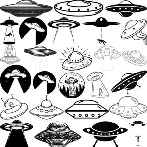 May include: A collection of various black and white illustrations of flying saucers, or UFOs. The designs range from simple silhouettes to detailed drawings, some with beams of light or figures, and are suitable for space-themed projects.