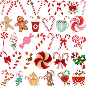 Puede incluir: Ilustraciones navideñas con bastones de caramelo rojos y blancos, hombres de jengibre, piruletas y una casa de jengibre. Un oso de peluche sostiene un bastón de caramelo. Algunos bastones tienen lazos.