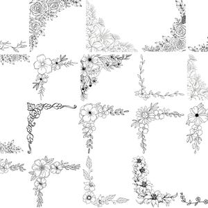 May include: A collection of black and white floral corner designs. Each corner features a unique arrangement of flowers, leaves, and vines, perfect for adding an elegant touch to various creative projects. The designs vary in style and complexity.