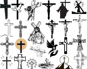 Könnte beinhalten: Eine Sammlung von schwarz-weißen Illustrationen christlicher Kreuze. Die Kreuze variieren im Stil, darunter detaillierte Kruzifixe, einfache Umrisse und Kreuze mit religiösen Symbolen.