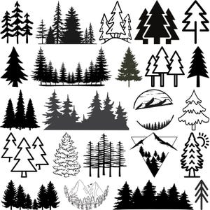以下が含まれることがあります： さまざまな白黒の木のシルエットのコレクション。デザインには、詳細なモミの木、様式化された松の木、山のシーンが含まれます。これらのイラストは、自然をテーマにした工芸品やデザインに適しています。