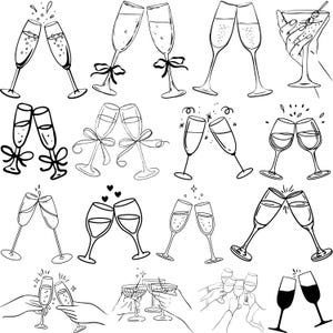 Puede incluir: Una colección de ilustraciones lineales que presentan varias copas de champán y copas de vino en poses festivas. Algunas copas están adornadas con lazos, mientras que otras chocan entre sí, sugiriendo un brindis o celebración.