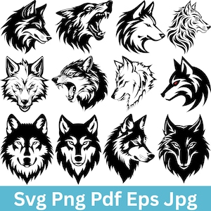 Puede incluir: Una colección de ilustraciones de lobos en blanco y negro en varias poses. Las imágenes incluyen primeros planos detallados y vistas frontales, con algunos lobos representados gruñendo. La parte inferior de la imagen muestra el texto "Svg Png Pdf Eps Jpg".