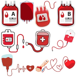 May include: A collection of red blood bags and related medical illustrations. The image includes bags labeled A and B, along with diagrams of blood donation and transfusion processes. The illustrations are in a cartoon style.