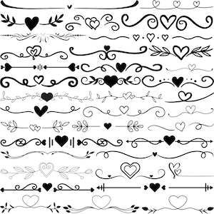 May include: A selection of black line art dividers and embellishments, featuring hearts, swirls, and floral elements. These decorative designs are suitable for various craft projects, including scrapbooking and card making. The image is on a white background.