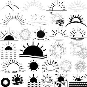 May include: A selection of black and white sun illustrations in diverse styles. Designs feature suns with rays, over water, behind mountains, and with clouds. The images are suitable for graphic design projects, logos, or decorative elements.