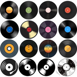Könnte beinhalten: Eine Sammlung von Schallplatten mit verschiedenen Etikettenfarben, darunter Orange, Grün, Rosa und Rot. Einige Schallplatten haben ein klassisches Etikettendesign, während andere eine Plattenspieler-Grafik aufweisen. Die Schallplatten sind schwarz mit einem kreisförmigen Design.