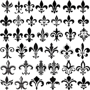 May include: A collection of black fleur-de-lis designs in various styles. The image features a grid of the stylized floral emblems, showcasing different shapes and details. The designs are symmetrical and suitable for decorative purposes.