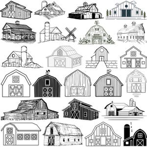 May include: A collection of black and white illustrations of various barns. The barns vary in style, with some featuring detailed architectural elements, while others are more simplified. Some barns have a rooster weather vane.