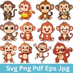 May include: Twelve cartoon monkey illustrations in different poses. Some monkeys hold bananas, others sit or stand. The monkeys are brown with tan faces and ears. The image includes the text "Svg Png Pdf Eps Jpg" at the bottom.