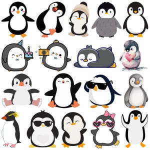 May include: A collection of cartoon penguins in various poses and styles. Some penguins wear sunglasses, hats, or bow ties. Others hold a birthday cake, a camera, or a heart. The penguins are black, white, gray, and orange.