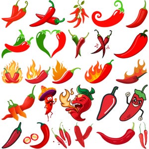 Puede incluir: Una colección de ilustraciones de pimientos rojos vibrantes, algunos con tallos verdes y otros con llamas. Los pimientos varían en forma y estilo, incluyendo personajes de dibujos animados con caras y sombreros. La imagen está sobre un fondo blanco.