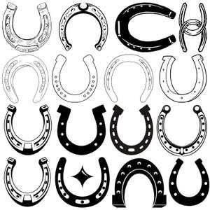 May include: A collection of various horseshoe illustrations in black and white. The horseshoes have different designs, including outlines, solid black, and detailed patterns. Some have nail holes, while others have decorative elements.