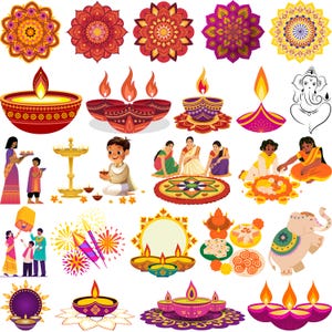 Op de afbeelding: Een verzameling kleurrijke illustraties met traditionele Indiase Diwali-elementen. De afbeelding bevat decoratieve lampen, bloempatronen, figuren en een cartoon-olifant. Het kleurenpalet is levendig, met rood, geel, paars en oranje.