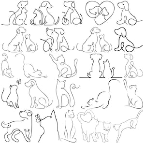 Könnte beinhalten: Eine Sammlung von schwarzen Strichzeichnungen, die Hunde und Katzen in verschiedenen Posen zeigen. Einige Bilder zeigen einen Hund und eine Katze zusammen, andere ein einzelnes Tier. Der minimalistische Stil ist für Tierliebhaber geeignet.