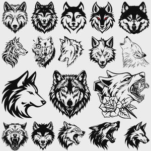Puede incluir: Una colección de ilustraciones de lobos en blanco y negro en varios estilos. Las imágenes incluyen retratos detallados, perfiles y lobos aullando, adecuados para diseño gráfico o arte de tatuaje.
