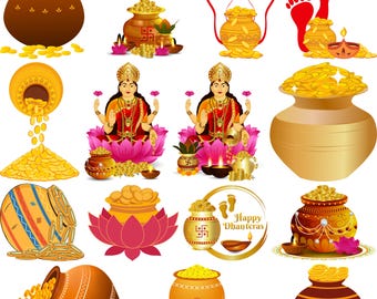Peut inclure: Ensemble d'illustrations avec des pièces d'or, des pots débordant de pièces et des représentations de la déesse hindoue Lakshmi. Les images incluent des motifs indiens traditionnels, des fleurs de lotus et des lampes à huile, célébrant Dhanteras.