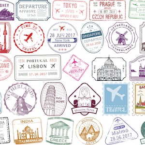 Op de afbeelding: Een verzameling vintage reisstempels met iconische bezienswaardigheden en bestemmingen van over de hele wereld. Stempels tonen het Sydney Opera House, Taj Mahal, Eiffeltoren en Colosseum. De stempels zijn in diverse vormen en kleuren.