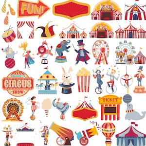 Peut inclure: Ensemble d'illustrations sur le thème du cirque. Comprend une flèche rouge avec le texte "FUN!", des chapiteaux, une grande roue, un manège, un pot de pop-corn, un lapin dans un chapeau et des artistes de cirque. La palette de couleurs est principalement rouge, jaune et bleu.
