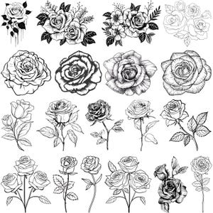 May include: A selection of black and white rose illustrations. The images feature detailed drawings of individual roses, rose bouquets, and outlines, ideal for design projects or craft applications.