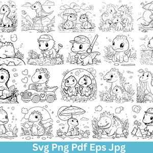 Puede incluir: Una colección de ilustraciones de dinosaurios en blanco y negro en varias poses y entornos. Las imágenes presentan dinosaurios lindos de estilo caricatura con diferentes accesorios y actividades, perfectos para colorear o proyectos de diseño.