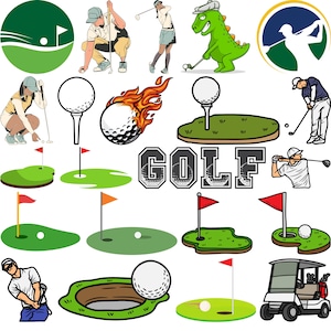 May include: A selection of golf-related illustrations. Features golfers, golf balls, flags, and a golf cart. The word "GOLF" is presented in a bold, stylized font. The images are in a cartoon style.