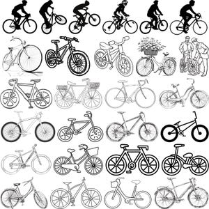 Peut inclure: Une collection d'illustrations de vélos en noir et blanc. L'image comprend différents styles de vélos, des vélos de route aux VTT, ainsi que des silhouettes de cyclistes en action. Les vélos sont représentés dans un style de dessin au trait.