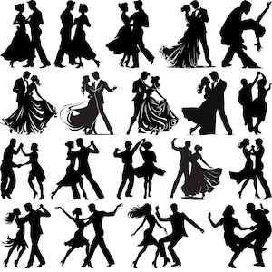 以下が含まれることがあります： 黒いシルエットで描かれた、踊るカップルのイラスト集。ダンサーは様々なポーズをとっており、フォーマルな服装の人もいれば、カジュアルな服装の人もいます。ロマンスと祝賀をテーマにした画像です。