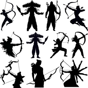 Puede incluir: Una colección de ilustraciones en silueta negra que representan figuras con arcos y flechas, y figuras con múltiples cabezas y brazos. Las figuras están en varias poses de acción, lo que sugiere temas de tiro con arco o combate.