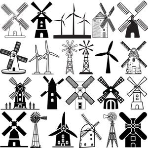 Puede incluir: Una colección de ilustraciones de molinos de viento en blanco y negro. La imagen presenta varios diseños, incluyendo molinos de viento tradicionales con aspas y aerogeneradores modernos. Algunos molinos tienen detalles arquitectónicos, otros son siluetas simplificadas.