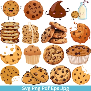 Può includere: Una collezione di illustrazioni in stile cartone animato di biscotti con gocce di cioccolato, muffin e un bacio al cioccolato. Alcuni biscotti hanno facce e braccia. È incluso anche un bicchiere di latte con una cannuccia.