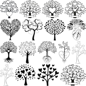 Peut inclure: Une collection d'illustrations d'arbres en noir et blanc. Les arbres présentent des feuilles en forme de cœur et des motifs en forme de cœur. Certains arbres ont des troncs ou des racines en forme de cœur. Certains arbres ont des bannières.
