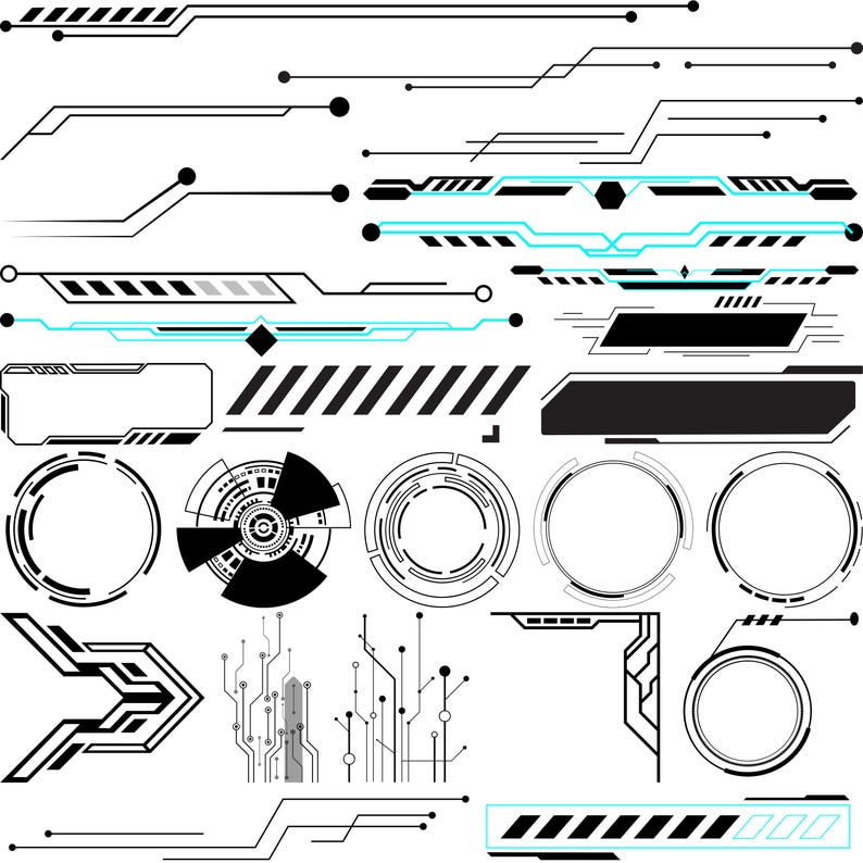 May include: A collection of black and cyan digital interface elements on a white background. The elements include lines, circles, and rectangular shapes, with a futuristic, tech-inspired design. Ideal for digital art and design projects.