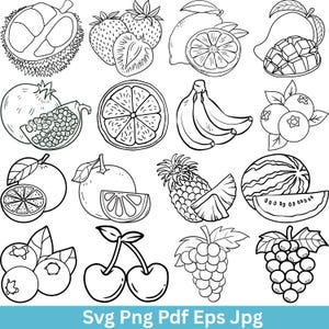 Puede incluir: Ilustraciones en blanco y negro de varias frutas, incluyendo un durián, fresas, un limón, un mango, una granada, una naranja, plátanos, arándanos, un pomelo, una piña, una sandía, cerezas y uvas. El texto "Svg Png Pdf Eps Jpg" está en la parte inferior.