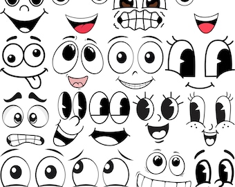 漫画の感情的な顔のSVGバンドル、面白い絵文字クリップアート（デジタルダウンロード）