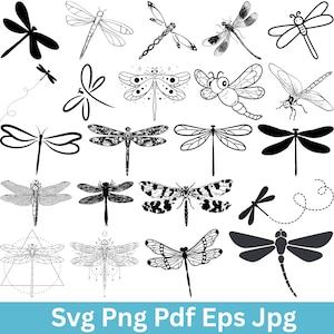May include: A collection of dragonfly illustrations in various styles, including solid black silhouettes, detailed line drawings, and patterned designs. The image includes the text "Svg Png Pdf Eps Jpg".
