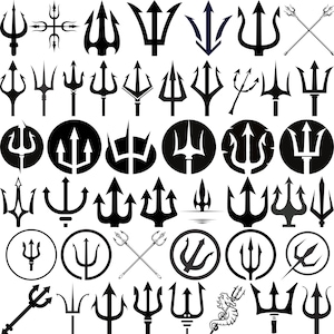 May include: A selection of black trident designs in various styles. The tridents are shown with different shapes and details, some with circles or crossed. The image is a graphic illustration of trident symbols.