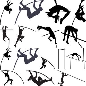 Puede incluir: Una colección de siluetas negras y grises que representan varias etapas del salto con pértiga. Las imágenes muestran a atletas en el aire, superando la barra y preparándose para el salto, sobre un fondo blanco.