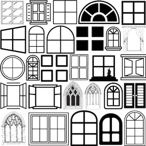 May include: A selection of black and white window illustrations. The designs include a variety of shapes such as rectangular, arched, and circular. Some windows are open, and others are closed, with different pane arrangements.
