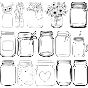 Può includere: Una collezione di barattoli Mason disegnati a mano in varie forme e dimensioni. Alcuni barattoli sono decorati con fiori, nastri ed etichette. Altri sono semplici, con coperchi a vite o chiusure a cerniera. I barattoli sono in bianco e nero.