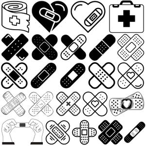 Puede incluir: Ilustraciones médicas en blanco y negro, que incluyen vendas, un botiquín de primeros auxilios y formas de corazón con vendas. Ideal para proyectos de diseño médico o relacionados con la salud.