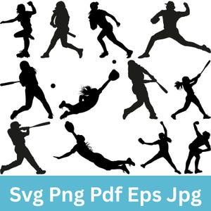 以下が含まれることがあります： バッティング、ピッチング、フィールディングなど、さまざまなアクションポーズをとる野球選手の黒いシルエット。バット、グローブ、ボールを持ったダイナミックな姿が白い背景に描かれています。下部のテキストは「Svg Png Pdf Eps Jpg」です。