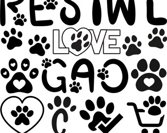 Paw Print SVG Bundle: Alphabet, Heart, Animal Silhouette (Digital Download)