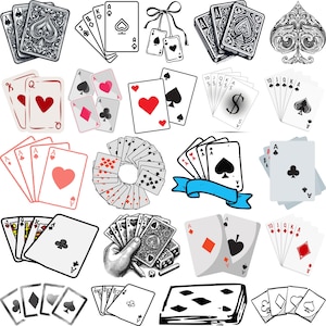 May include: A collection of playing cards featuring various suits and card arrangements. The image includes detailed illustrations of spades, hearts, diamonds, and clubs. Some cards are fanned out, while others are in stacks or pairs. The cards display different face values.