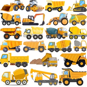 May include: A selection of yellow construction vehicles, including dump trucks, cement mixers, excavators, and bulldozers. The vehicles are illustrated in a cartoon style, with various designs and sizes, suitable for children's illustrations or educational materials.