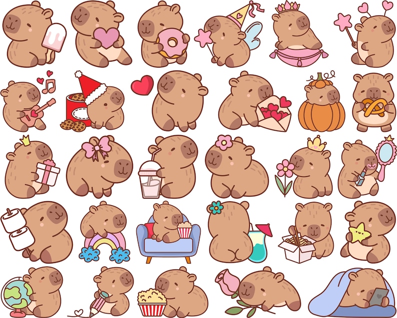 Op de afbeelding: Een verzameling cartoon capibara's in verschillende poses en met verschillende accessoires. Sommige capibara's houden een hart, een donut, een gitaar, een cadeau, een bloem, een spiegel, een drankje, popcorn en een ster vast. Anderen dragen een feesthoed, een kroon of liggen onder een deken.