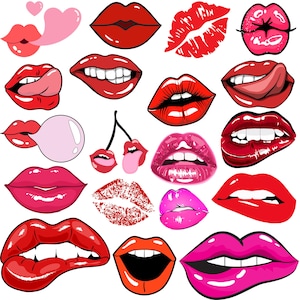 以下が含まれることがあります： 赤とピンクの様々な唇のイラストのコレクション。画像には、開いた口、舌のある唇、唇の跡が含まれています。光沢のある唇もあれば、マットな仕上がりの唇もあります。イラストは漫画スタイルです。