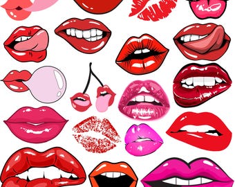 May include: A collection of various red and pink lip illustrations. The images include open mouths, lips with tongues, and lip prints. Some lips are glossy, and others have a matte finish. The illustrations are in a cartoon style.