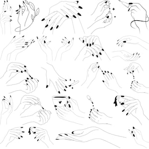 Puede incluir: Una colección de ilustraciones de arte lineal que representan manos con esmalte de uñas negro. Las imágenes muestran varias poses de manos, incluyendo la aplicación de esmalte de uñas, sosteniendo una taza y palmas abiertas. La obra de arte es en blanco y negro.