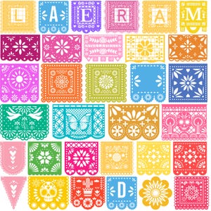 May include: A collection of colorful papel picado banners. Each banner features intricate cut-out designs of flowers, butterflies, and Day of the Dead skulls. The banners are in various colors, including yellow, pink, blue, and green, perfect for festive decorations.